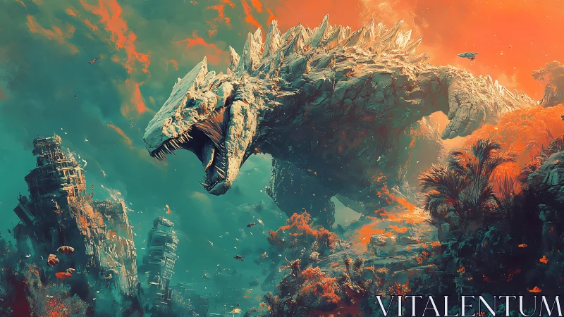 Colossal reptilian creature traverses ruined coastal cityscape