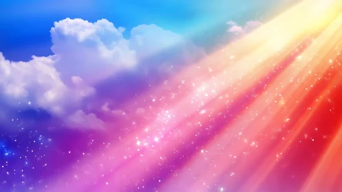 Prismatic sunbeams pour glitter across candy clouds.