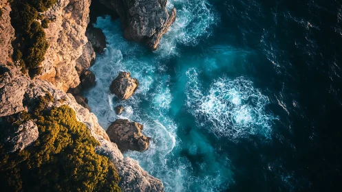 Rocky coastal cliffs above turquoise waves at golden hour.