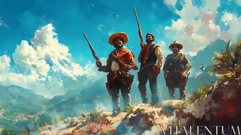 Revolutionary riflemen surveying high-altitude frontier terrain.