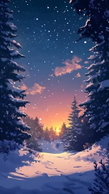 Snowy evergreen forest path under blazing winter sunset.