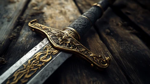Ornate golden sword lies on weathered wooden boards