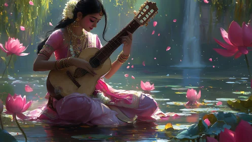 Lotus pond musician in ornate sari playing classical guitar