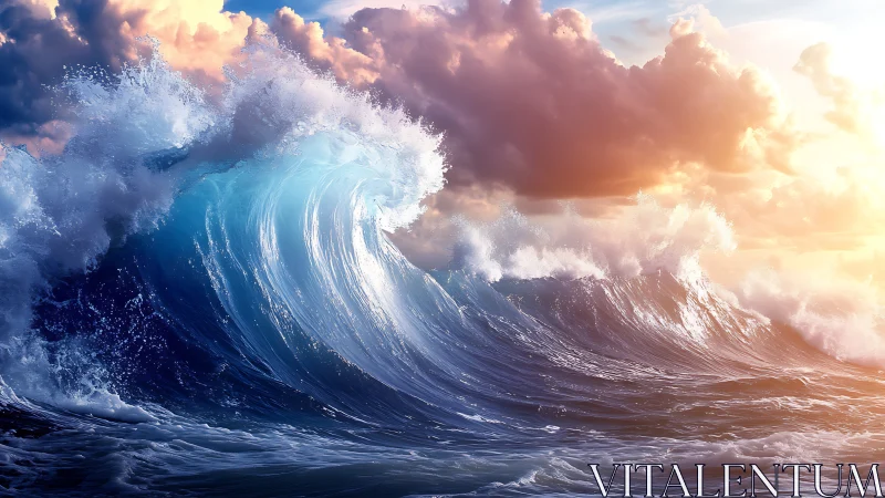 Sunlit ocean waves rising beneath glowing storm clouds.