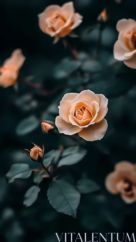 Peachy Roses in Soft Focus Garden Setting.