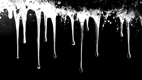 White paint drips and splatters on solid black background.