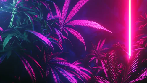 Neon cannabis foliage under magenta cyan rim lighting.
