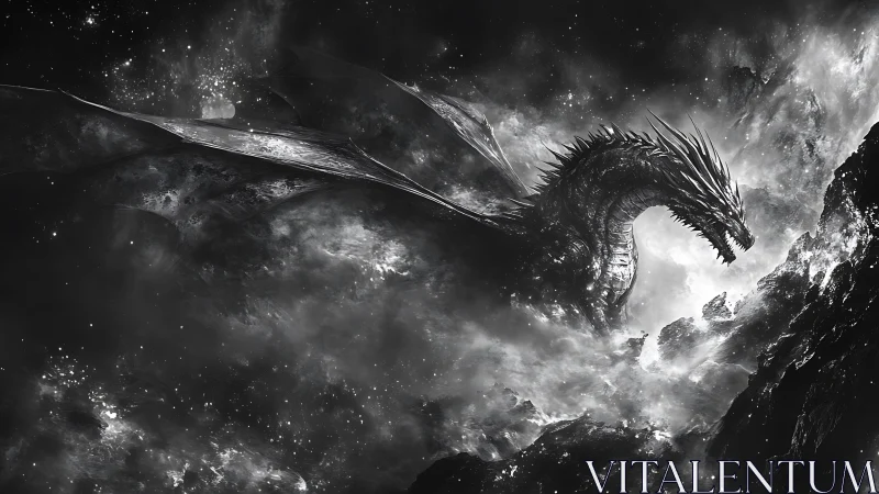 Monochrome celestial dragon emerging from cosmic mist.