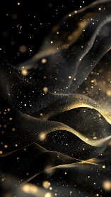 Golden particle waves flowing over dark abstract background.
