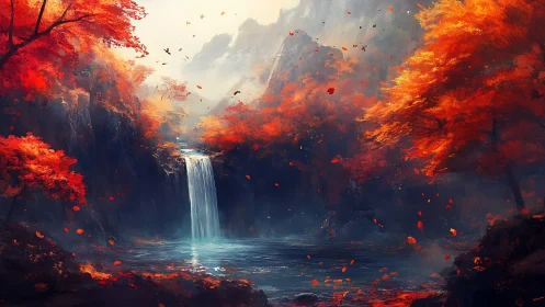 Digital painting of autumn waterfall in scarlet forest glen.