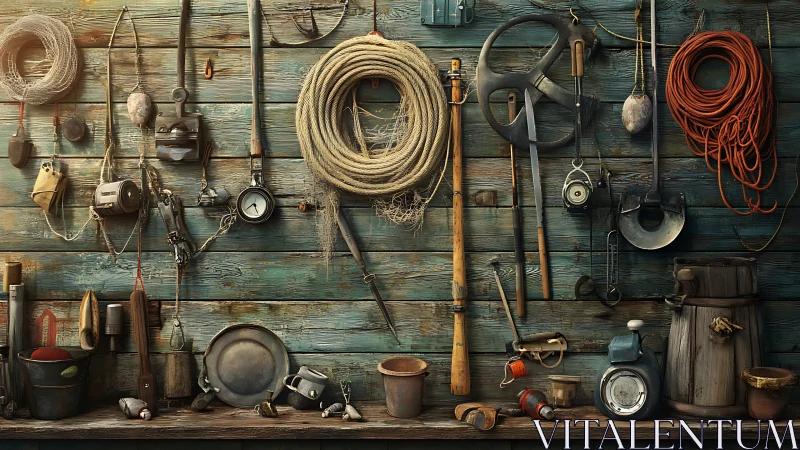 Workshop wall with assorted vintage tools and ropes.