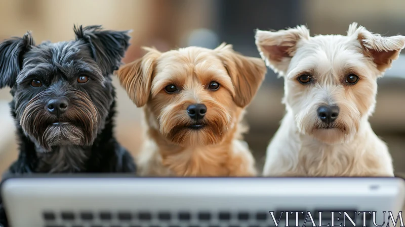 Curious trio of laptop dogs sharing one focused screen gaze.