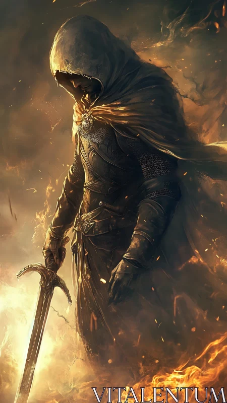 Hooded warrior stands in burning embers, sword lowered.