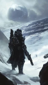 Armored space soldier crossing frozen alien landscape.