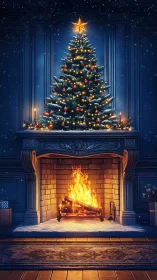 Christmas tree stands above lit fireplace in dark room