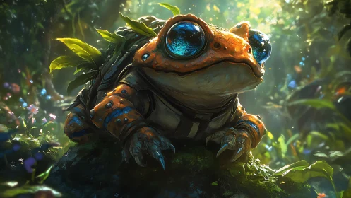 Orange amphibian with gear on mossy forest surface.