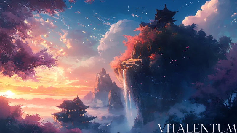 Sunlit cliffside temples and waterfall rendered in epic digital art