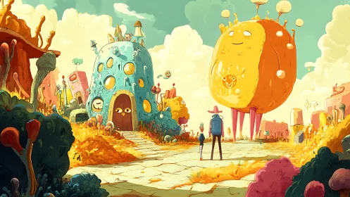 Surreal alien neighborhood with two travelers visiting.