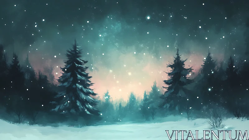 Diffuse-lit winter conifer forest with soft gradient sky snowfall
