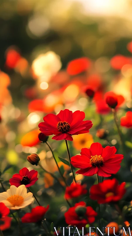 Red flowers photographed with shallow depth of field focusing on blooms