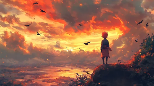 Quiet sunset warrior gazing toward a glowing, endless sky.