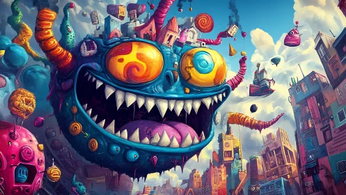 Surreal floating monster cityscape with saturated chroma chaos.