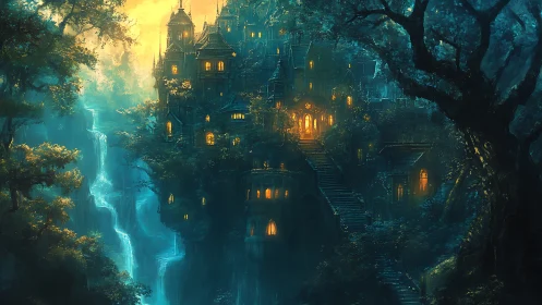 Waterfall citadel aglow in midnight forest hush and mist.