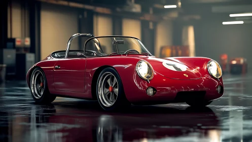Photoreal 3D render of red vintage race roadster in garage