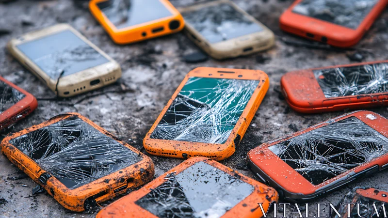 Broken rugged smartphones lie scattered on dirty ground