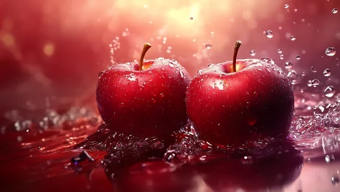 High-gloss red apples with water droplets in dynamic splash