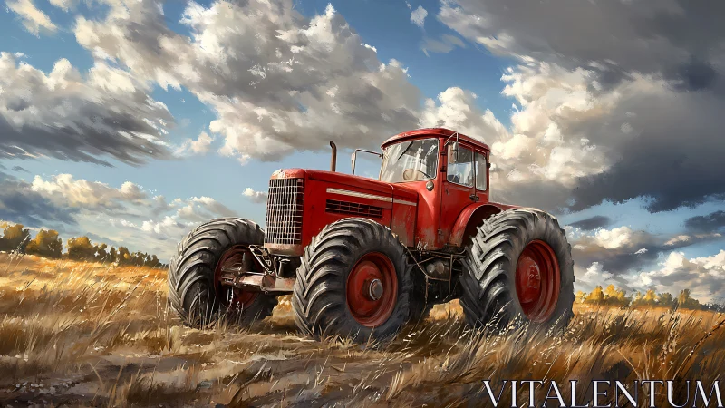 Bold red tractor rests proudly beneath a wide country sky