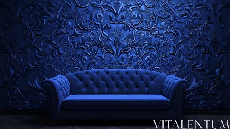 Blue upholstered sofa before ornate monochrome wall surface.