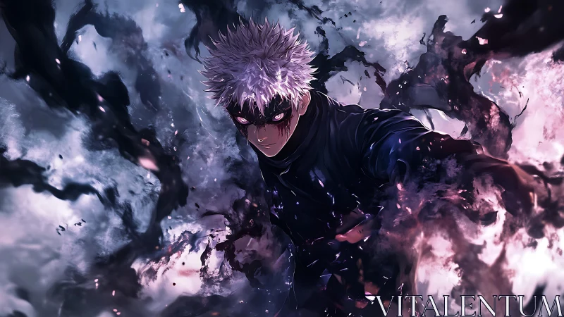 Dynamic anime sorcerer amid swirling dark energy field.