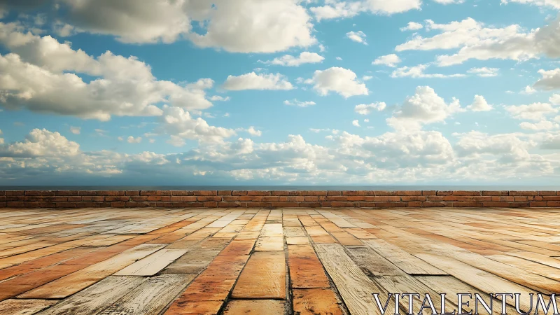 Open wooden terrace reaching into a calm, cloud bright sky.