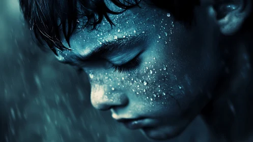 Boy&rsquo;s profile in close-up under rain with wet skin droplets