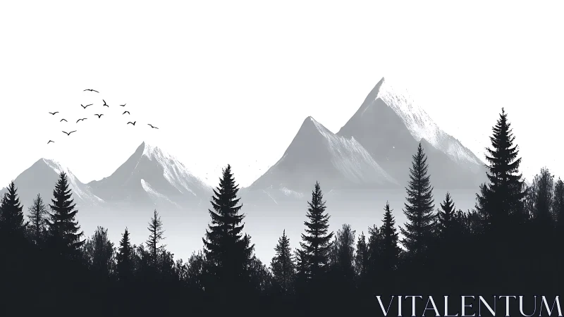 Monochrome pines stand before misty alpine peaks in silence.