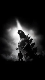 Monochrome kaiju confrontation rendered in high-contrast backlight