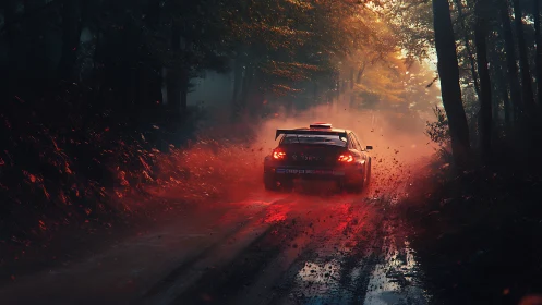 Rally car accelerates through misty forest track at dusk