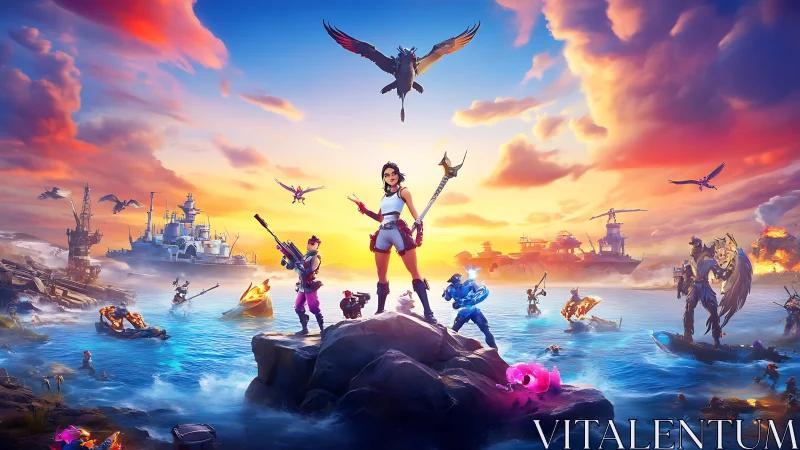 Hero squad dominates flooded neon battle islands at sunset.