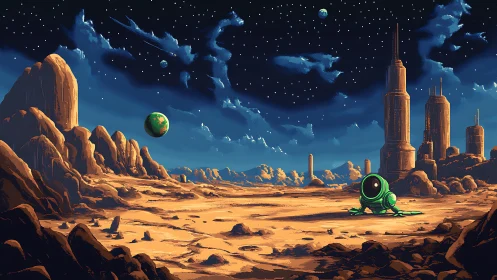 Pixel alien rover scans a lonely desert planet under stars.