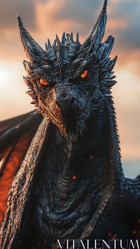 Obsidian scaled dragon portrait with molten ember eyes.