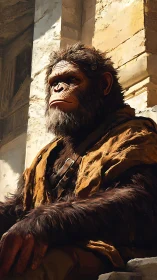 Heroic simian portrait in sunlit architectural setting.