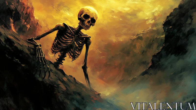 Lone skeletal wanderer watches a fiery sky in silence