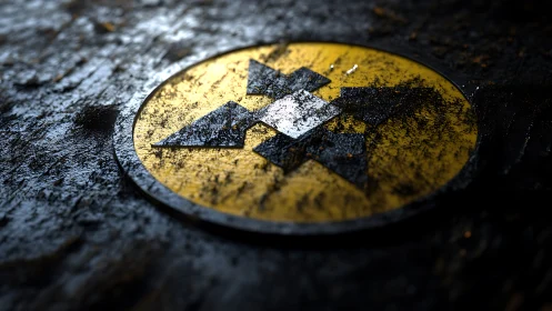 Weathered radioactive hazard emblem on wet metal surface.