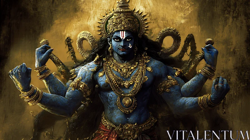 Majestic blue deity stands radiant in shimmering golden light