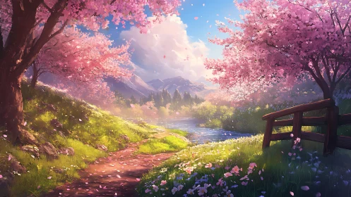 Springtime river path beneath drifting cherry blossoms.