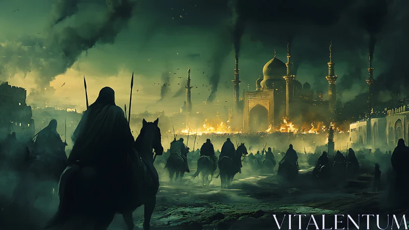 Emerald dusk assault on a burning desert citadel of domes.