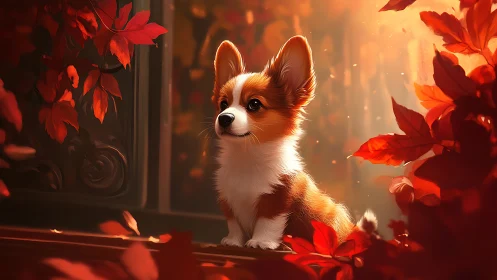 Digital painting of corgi puppy framed by glowing autumn foliage.