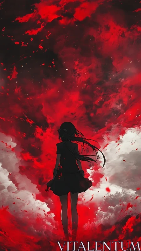 Silhouetted girl in red storm clouds under dark sky.