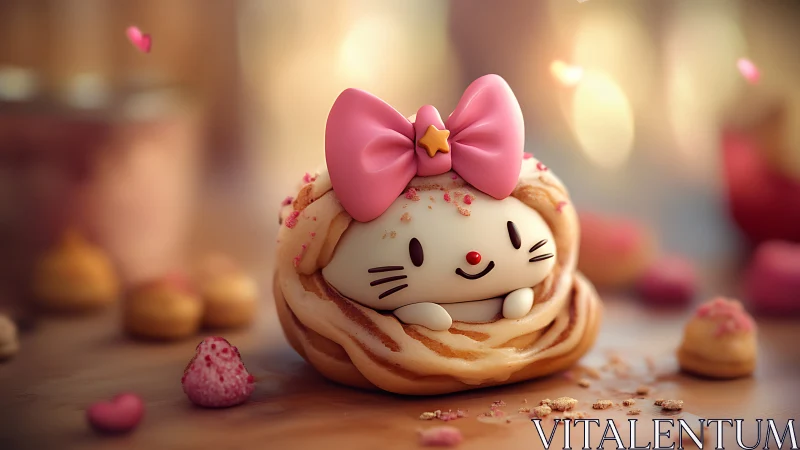 Anthropomorphic Hello Kitty Character 3D Rendering with Pastry Base.